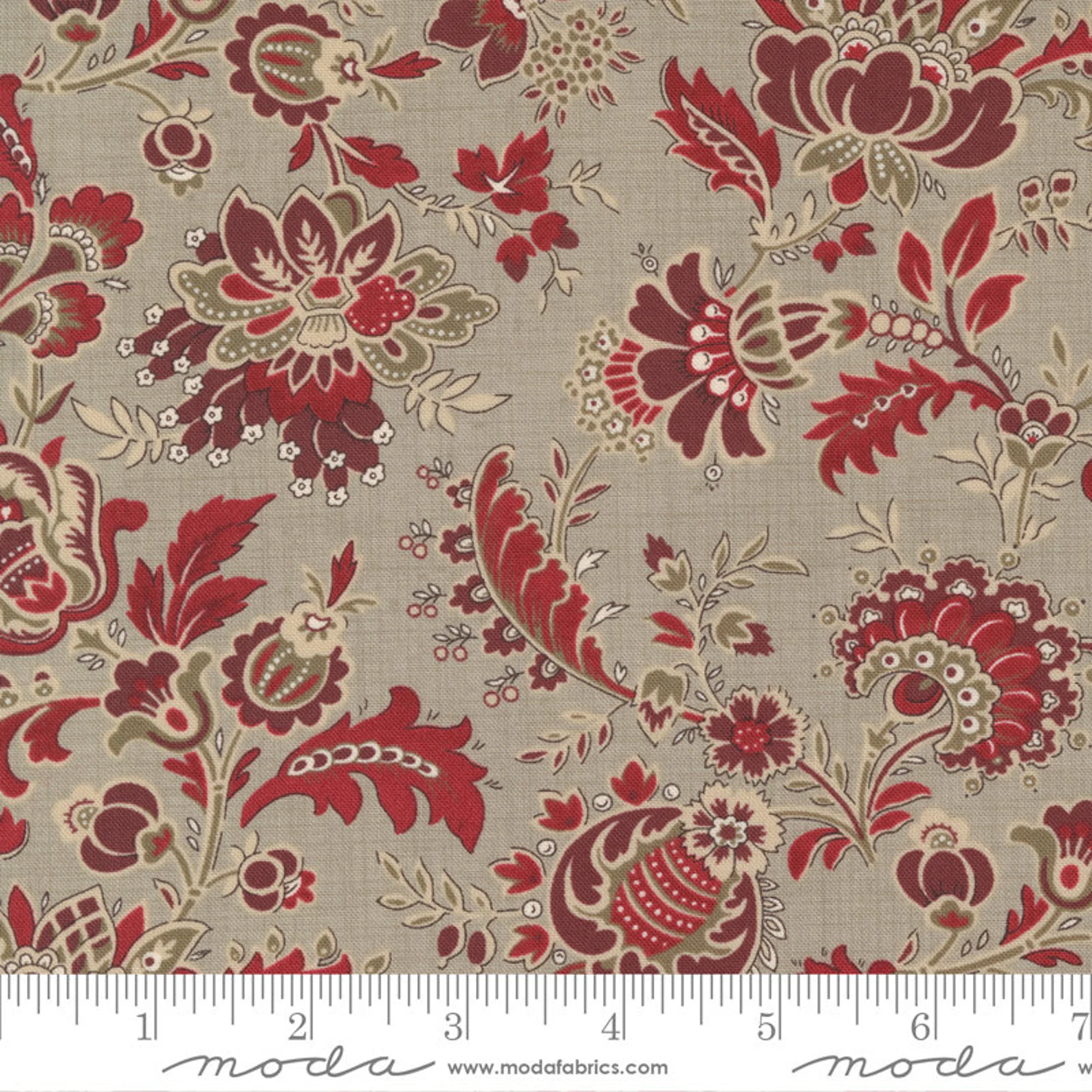 Moda French General Bonheur De Jour Floral Roche Taupe Brown with Red Flowers 13911-18
