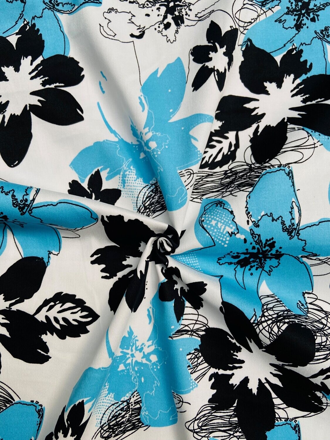 Cotton Sateen Stretch Hendon Blue/Black Flowers on White