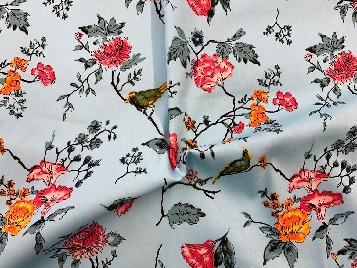 Cotton Sateen Stretch Jardin Birds and Flowers on Blue