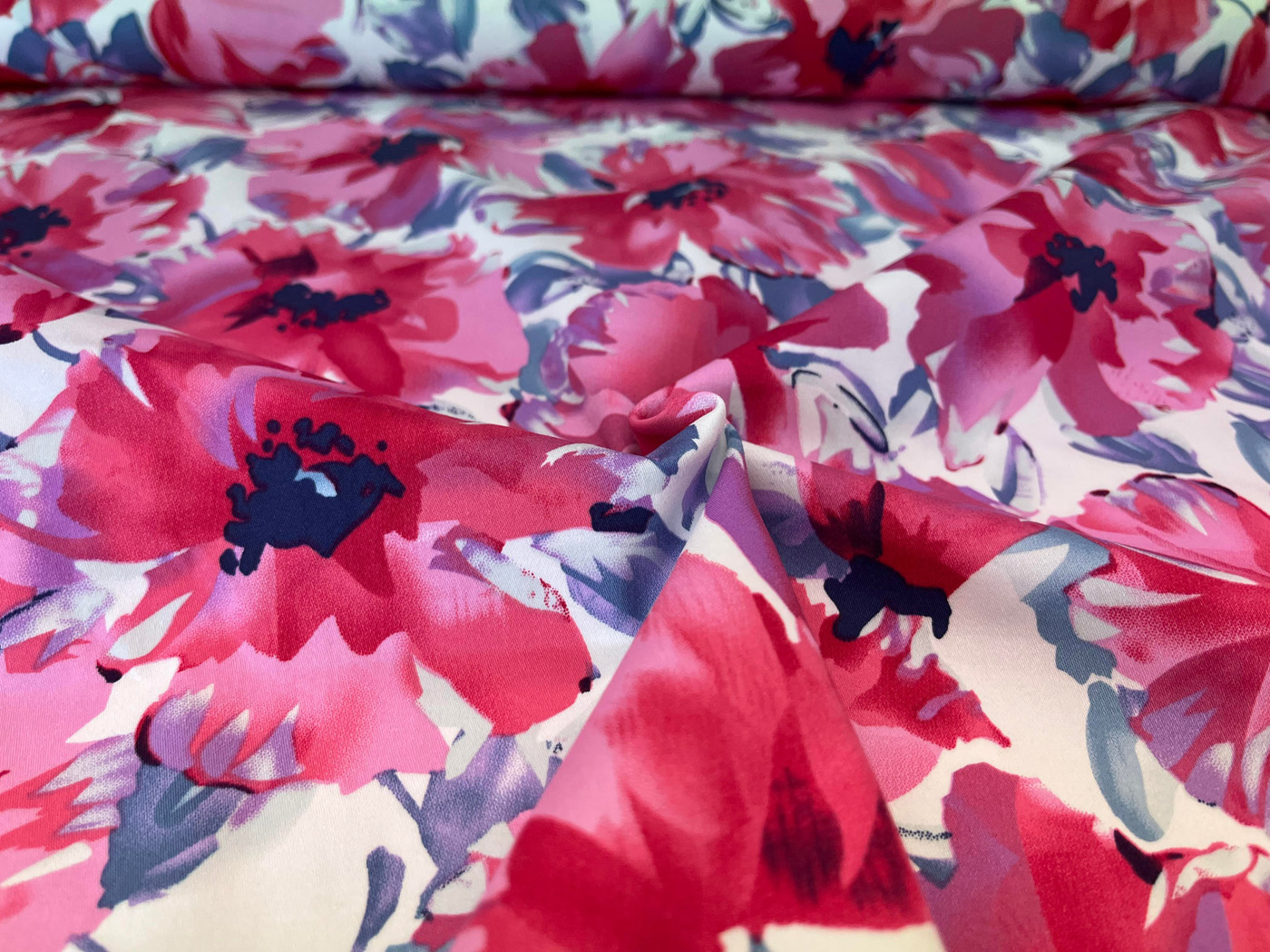 Cotton Sateen Stretch Jardin Pink Flowers