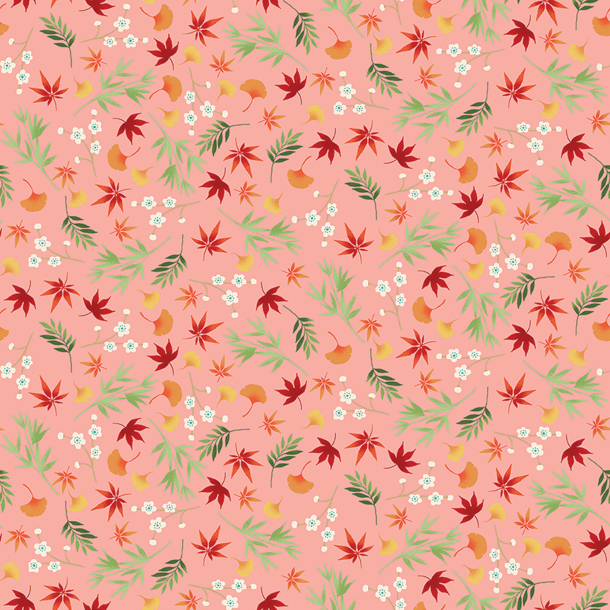 Makower Michiko Foliage Pink With Gold Metallic