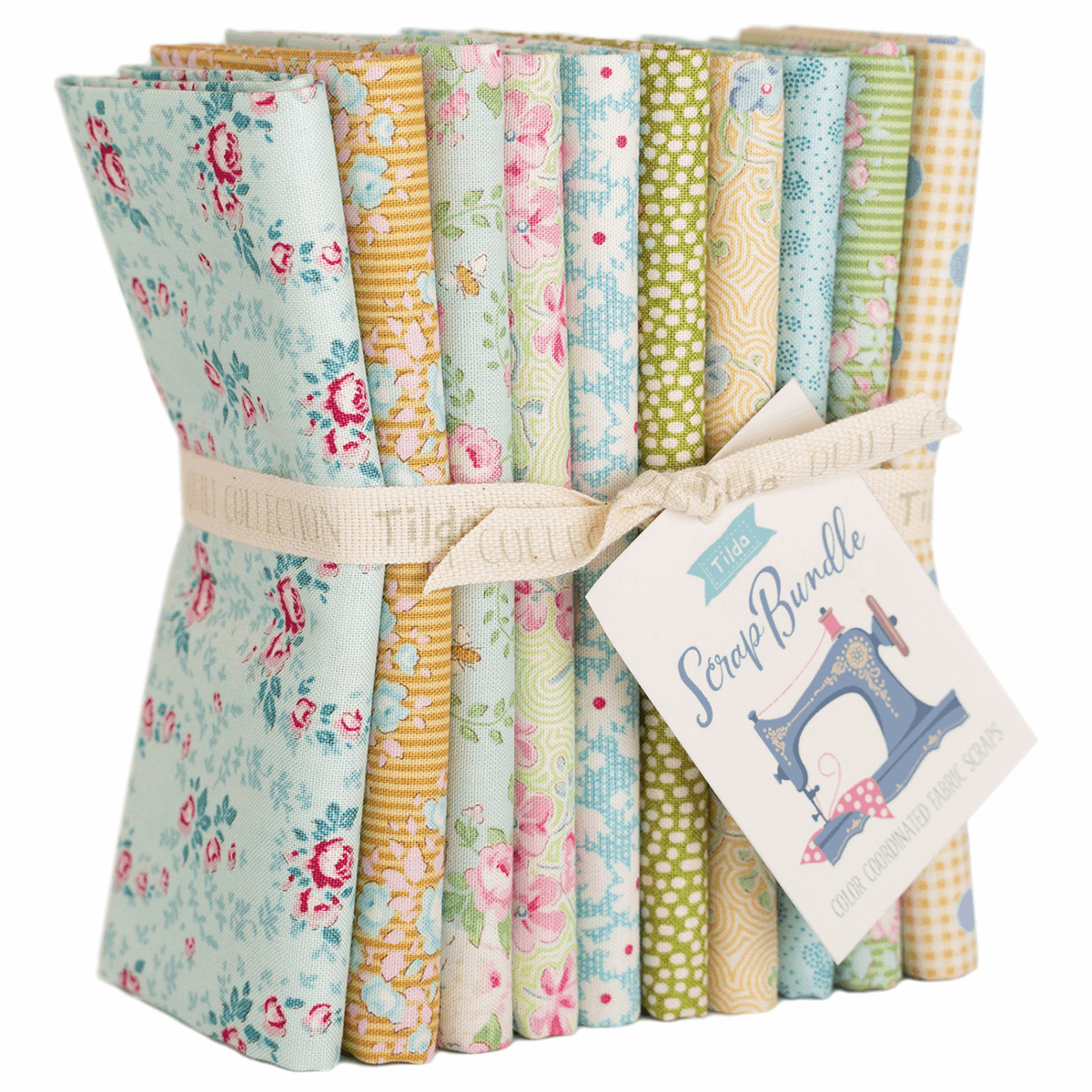 Tilda Fat Quarter Bundle: Scrap: 50 x 55cm: Teal/Green/Yellow: 10 Pieces