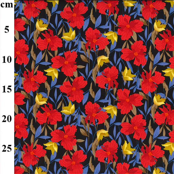100% Cotton Poplin Print Floral Design Black Red and Yellow