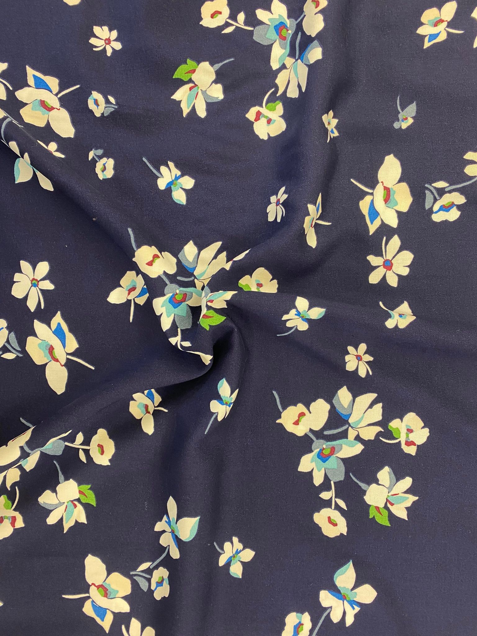 White Flowers On Navy Viscose Print