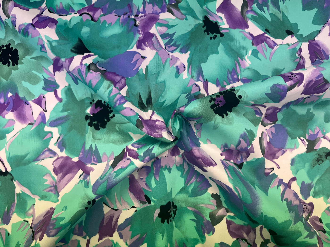 Cotton Sateen Stretch Jardin Green and Purple Flowers