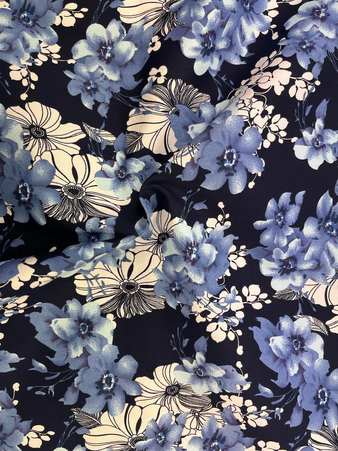Cotton Sateen Stretch Jardin White and Blue Flowers on Navy Blue