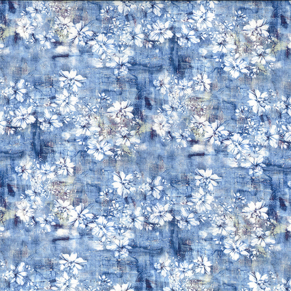  Viscose and Linen Digital Print White Floral on Blue