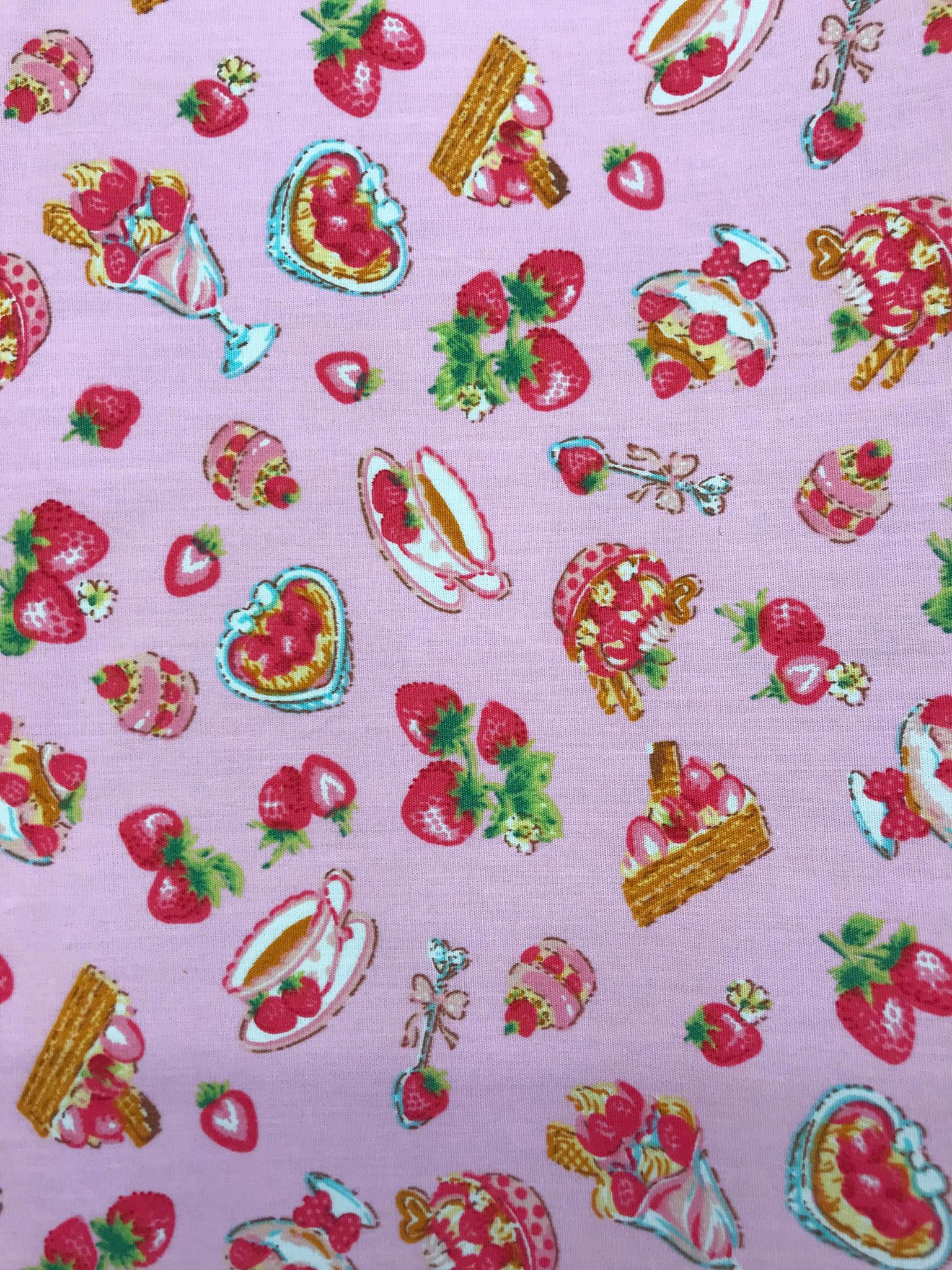 Cotton Poplin Strawberry Desserts Print on Pink