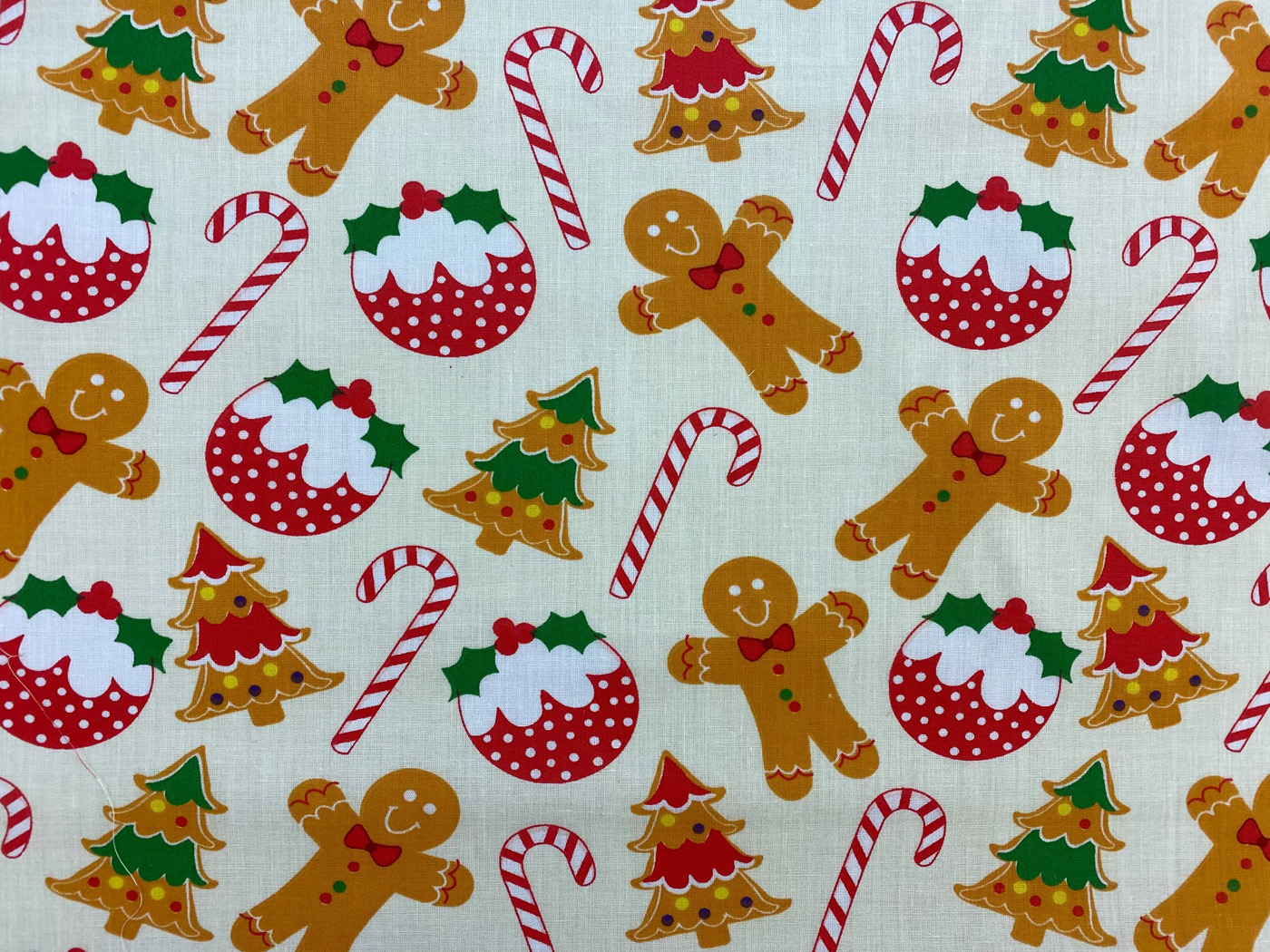 Christmas Polyester Cotton Print Christmas Puddings, Gingerbread Men And Candy Canes