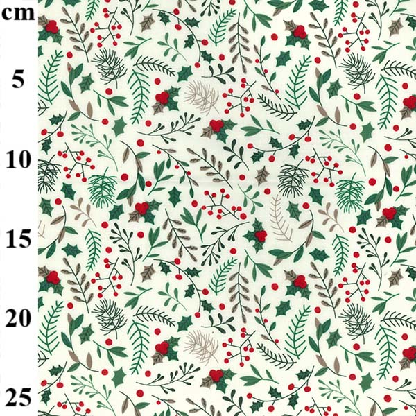 54″ Christmas Rose & Hubble Cotton Prints Holly On Ivory