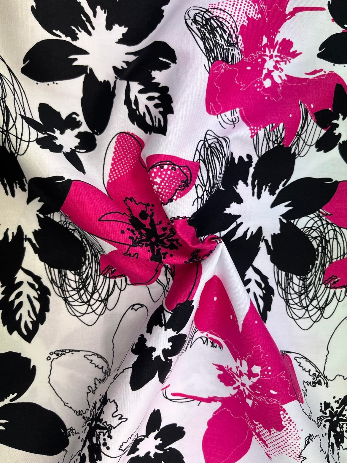 Cotton Sateen Stretch Jardin Pink and Black Flowers on White