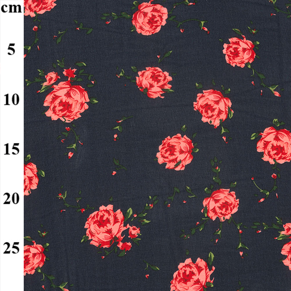 Crepe Chiffon Prints Navy with Red Flowers