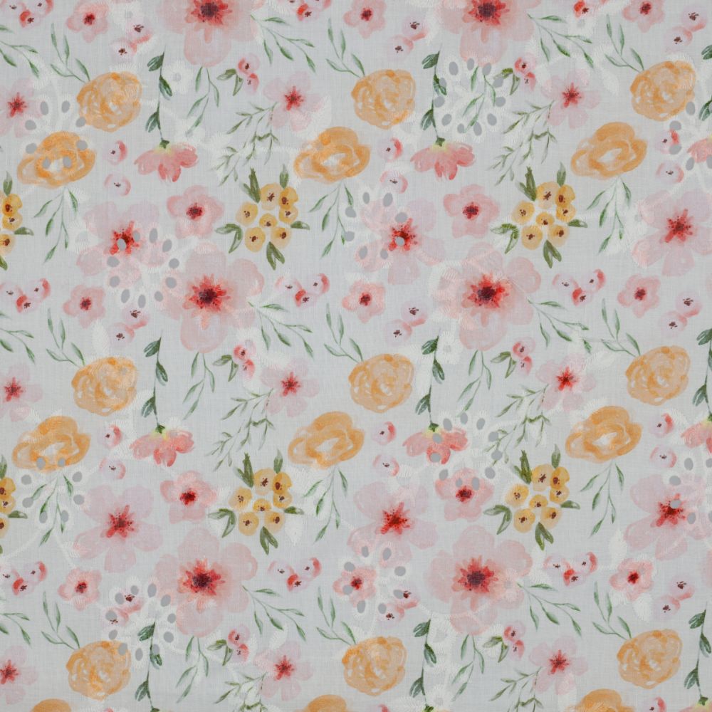 100% COTTON EMBROIDERY FLORAL DIGITAL-ORANGE PINK ON OFF WHITE