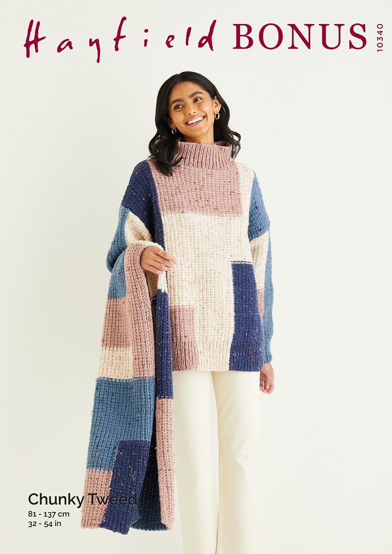 Sweater & Scarf In Hayfield Bonus Chunky Tweed Pattern 10340