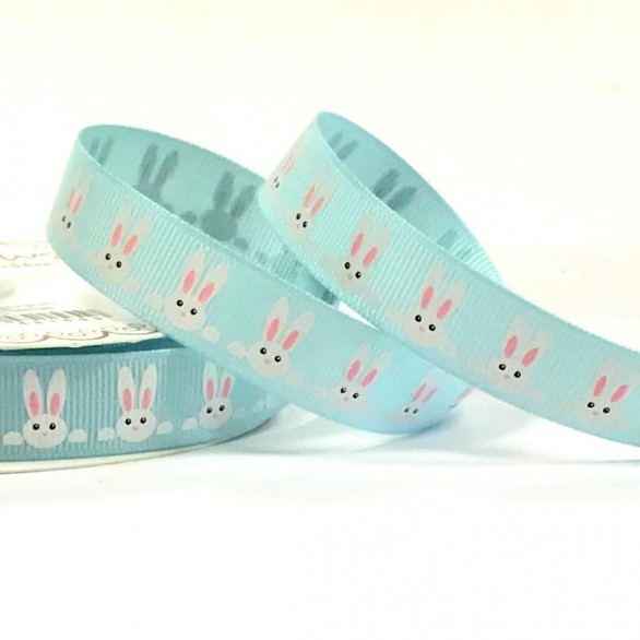 16mm Bertie's Bows Blue Polyester Grosgrain Ribbon Bunnies