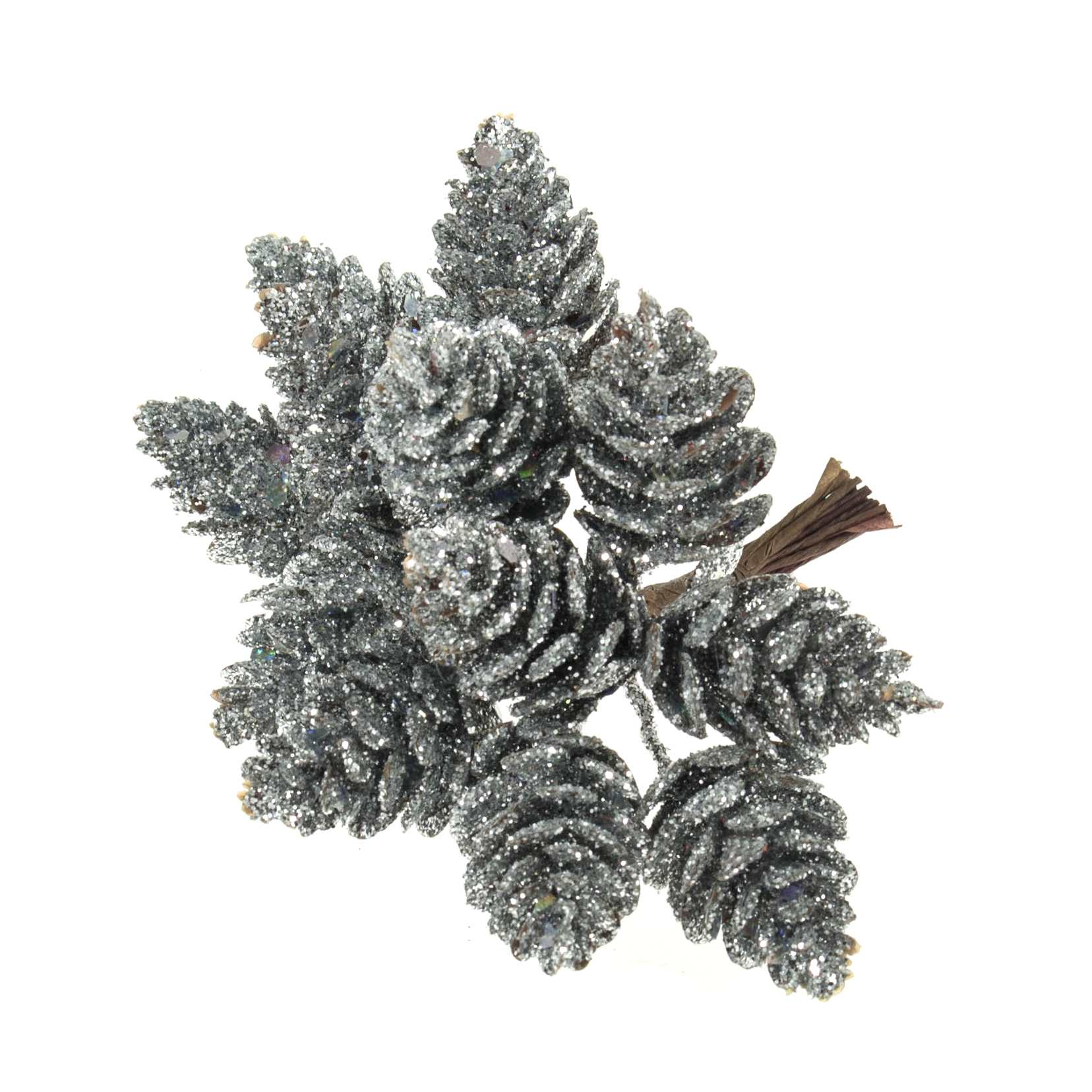 Glitter Pinecones on Wire: 1 Bunch of 12: Silver