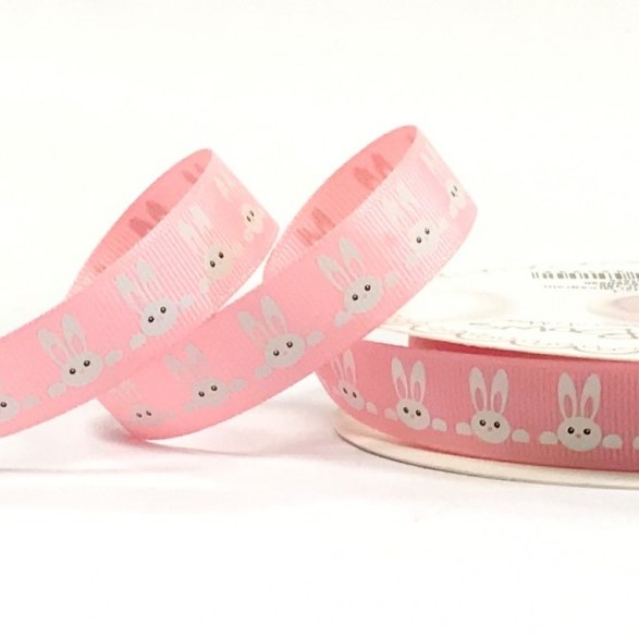 16mm Bertie's Bows Pink Polyester Grosgrain Ribbon Bunnies