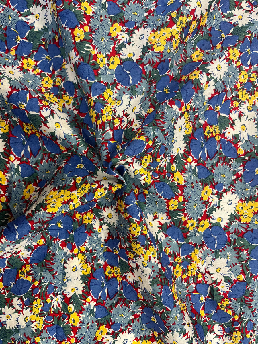 100% Cotton Blue, Yellow and White Florals on Red