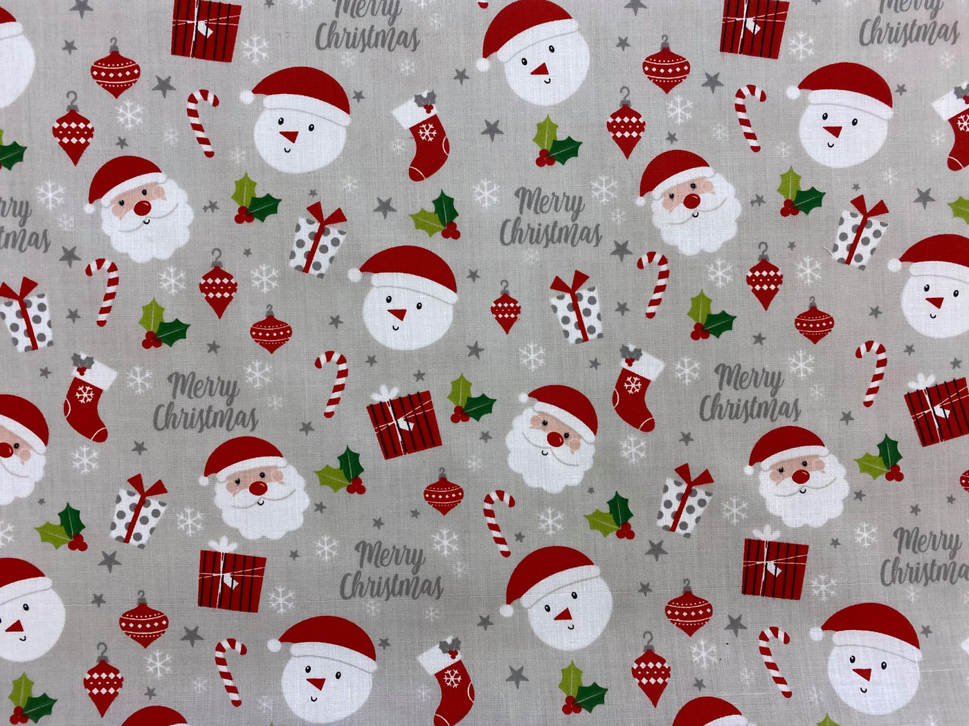 Christmas Polyester Cotton Print Christmas Santa And Snowmen On Silver