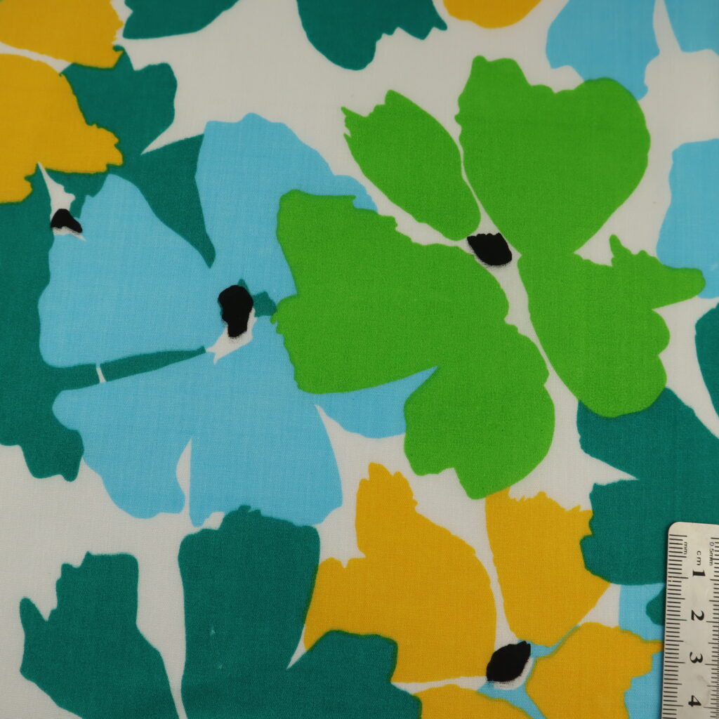 Polyester Cotton Print Blue and Green Large Flowers