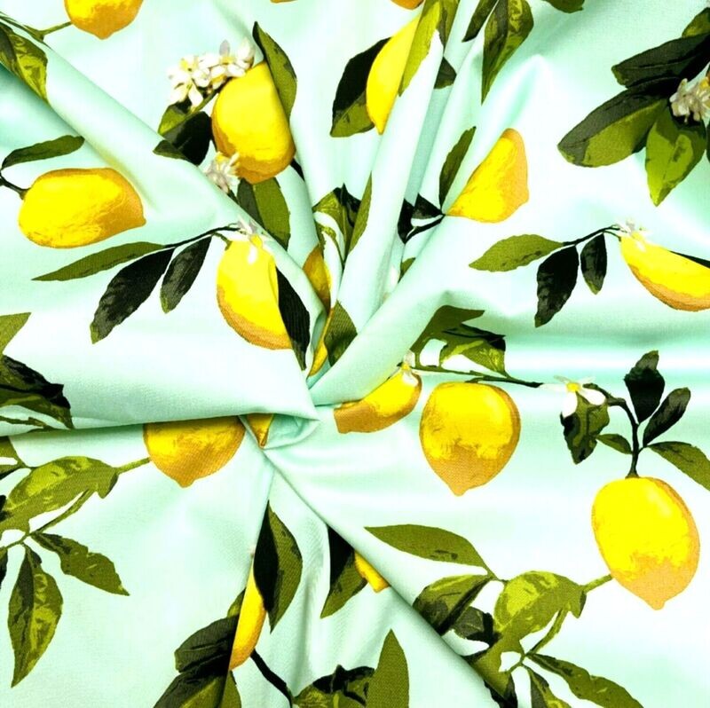 Cotton Sateen Stretch Jardin Lemons on Blue