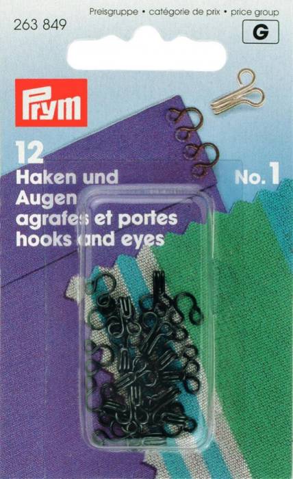 Prym Hooks and Eyes, Size 1 Small, Black Coloured