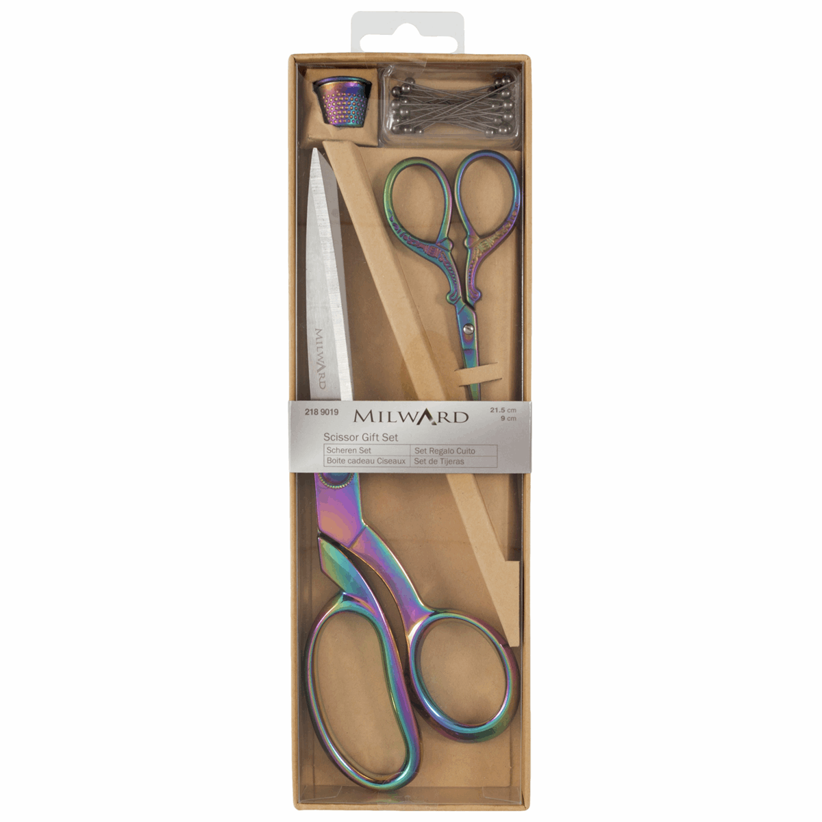 Gift Set: Scissors: Dressmaking (21.5cm) and Embroidery (9.5cm), Thimble And Pins: Rainbow