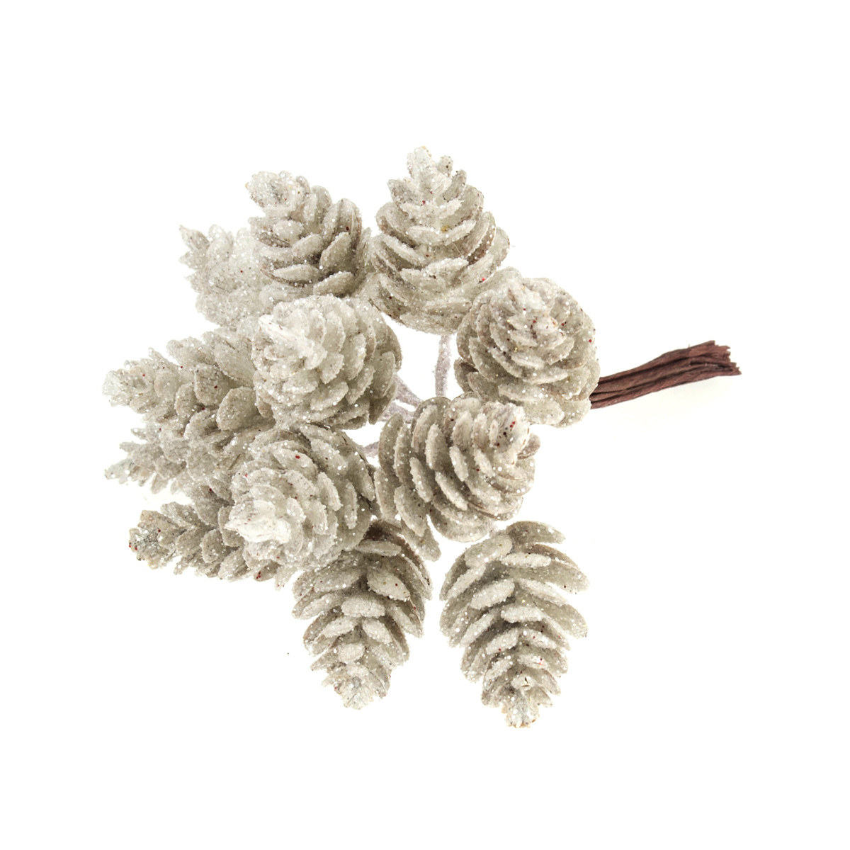 Glitter Pinecones on Wire: 1 Bunch of 12: White
