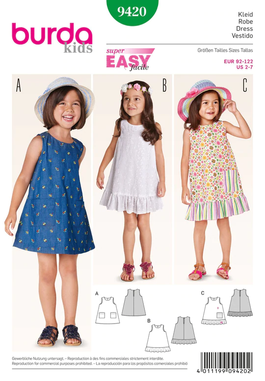 Girls Dresses Burda Sewing Pattern No. 9420. Age 2 to 7 years