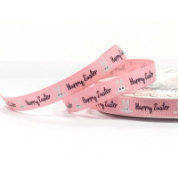 9mm Bertie's Bows Pink Polyester Grosgrain Ribbon Bunnies Happy Easter Print