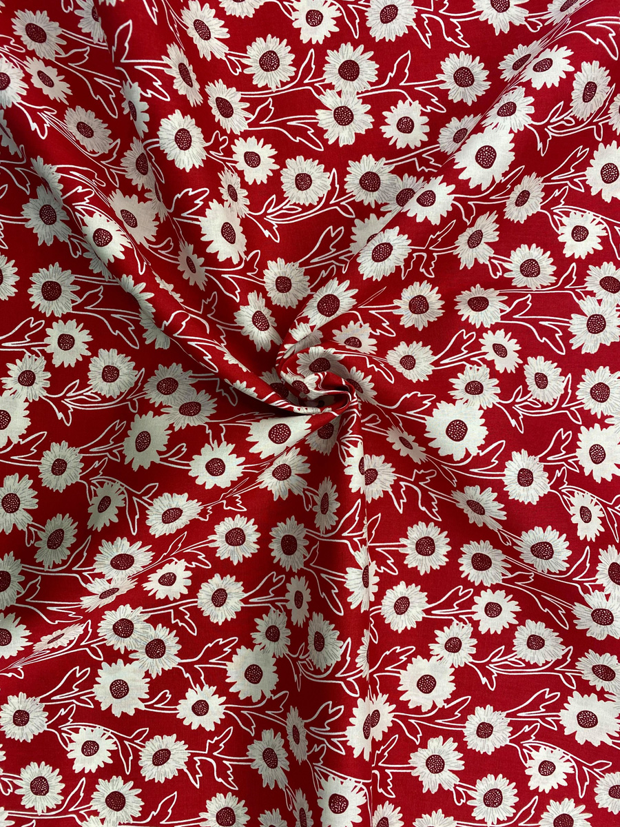 Red With Flowers Cotton Fabric