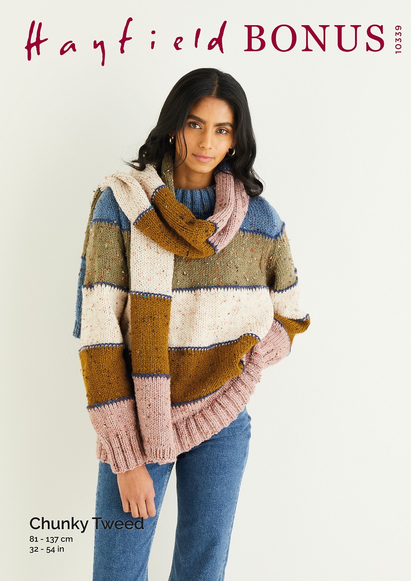 Sweater and Scarf In Hayfield Bonus Chunky Tweed Pattern 10339
