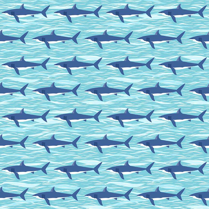 Deep Blue Sea by Makower-Sharks Light Blue