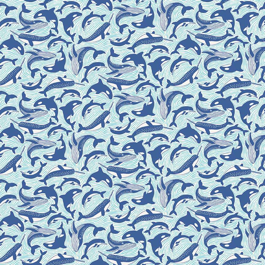 Deep Blue Sea by Makower-Fins and Tails White