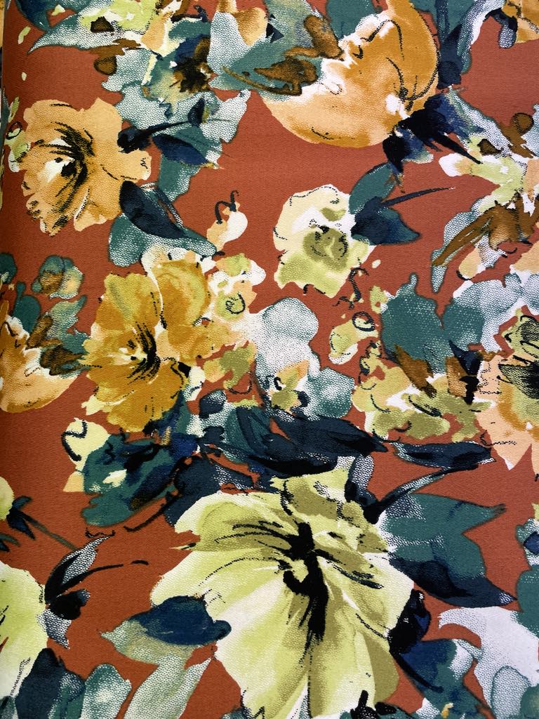 Cotton Sateen Stretch Flowers on Caramel