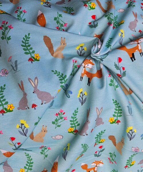 Cotton Jersey by Sewing Sanctuary-Forest Animal- Light Blue