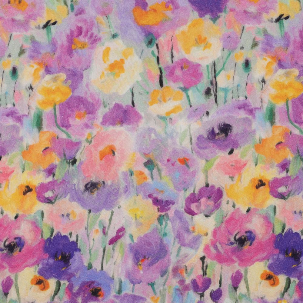 Viscose Satin Digital Flowers Lavender