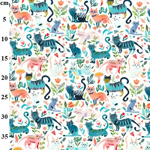 100% Cotton Poplin Cats on White