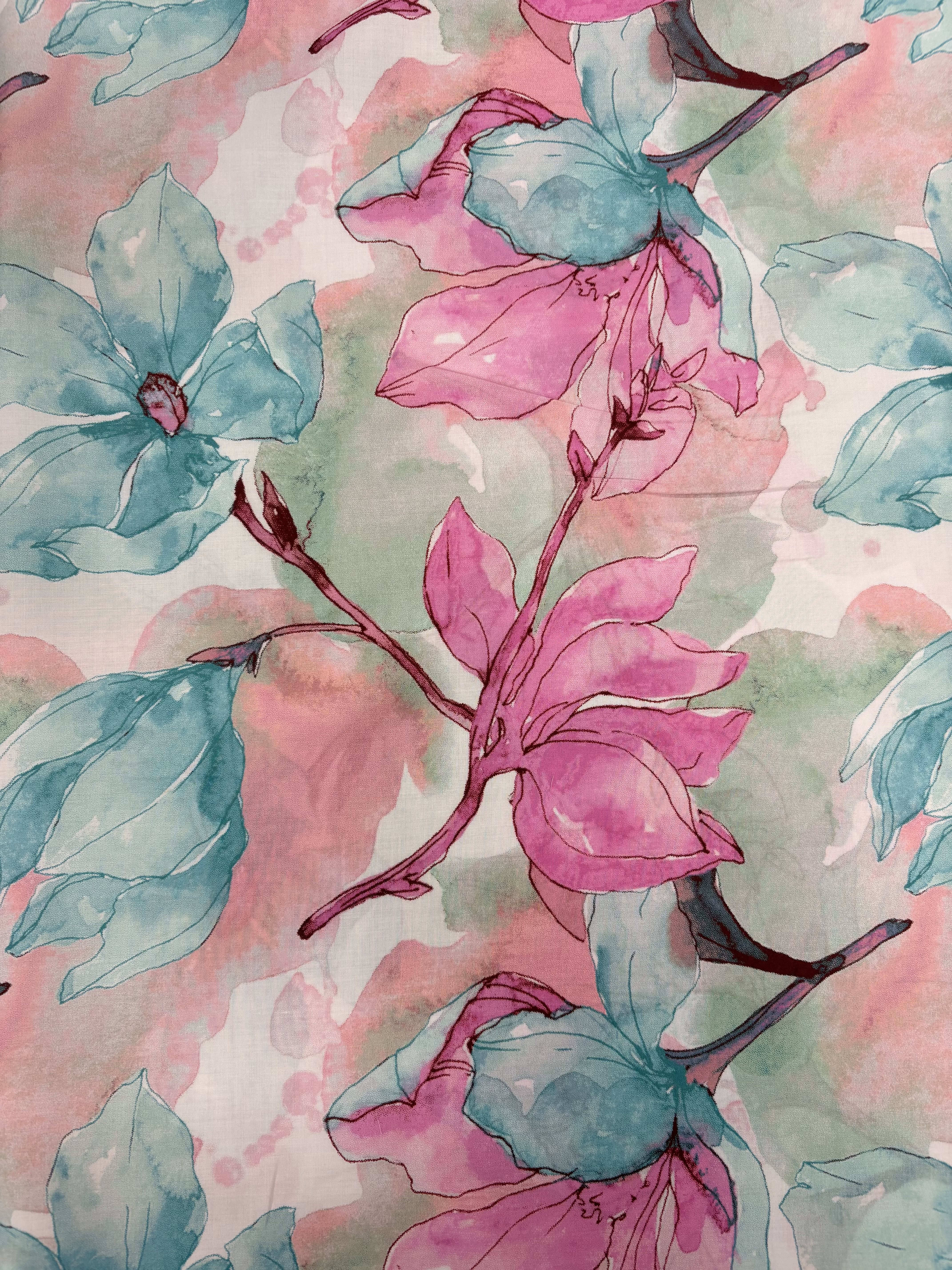 Tencel - Bright Pink/ Blue flowers on Ivory