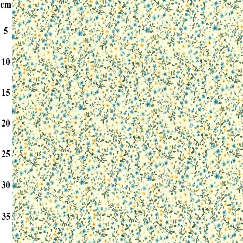 100% Cotton Poplin Blue and Yellow Flowers on Cream