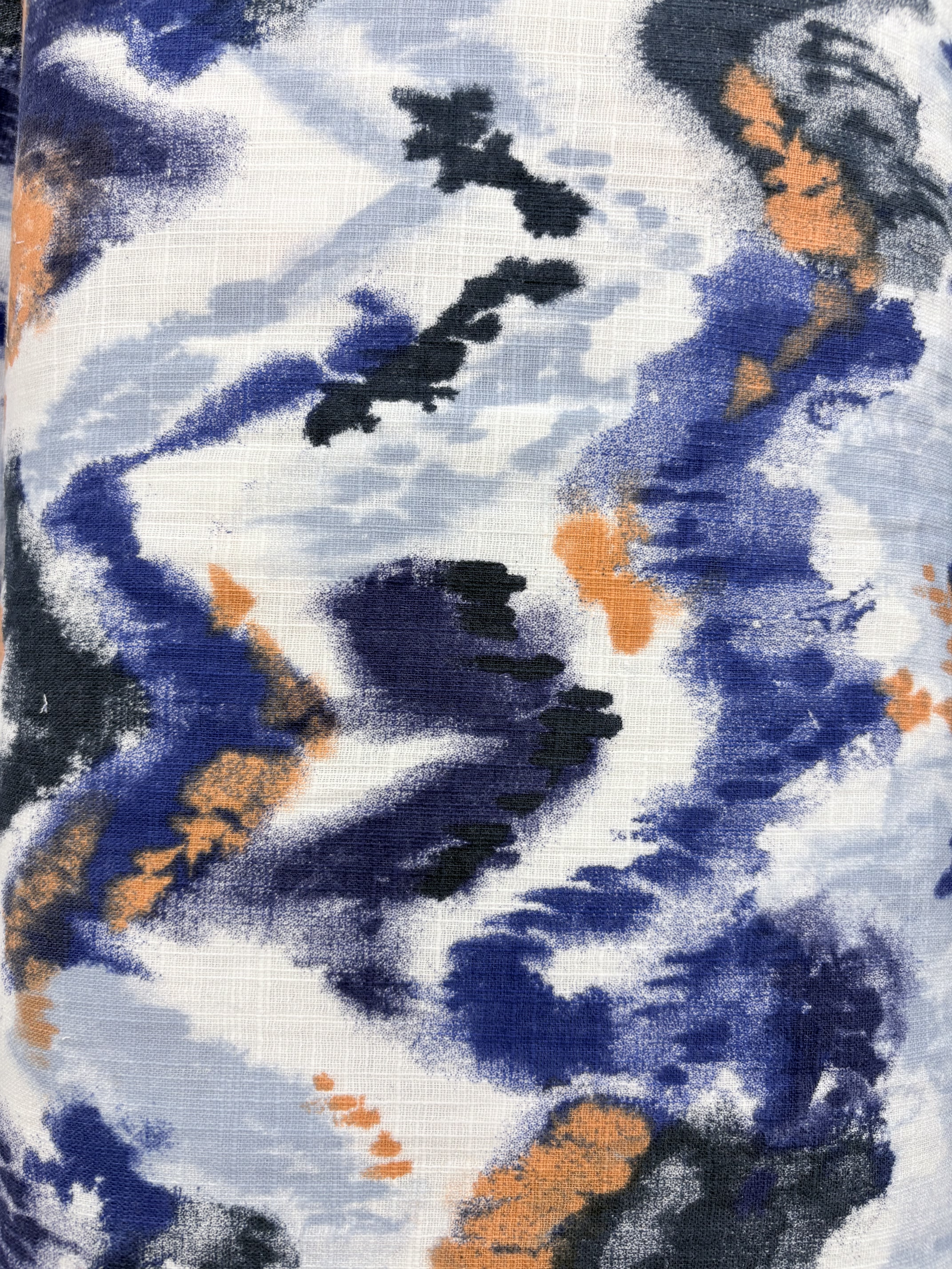 100% Cotton Abstract Print-Blue/Orange on White
