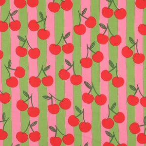Poplin - Red Apples on Pink/Green Stripe