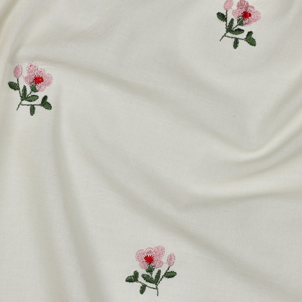 100% Cotton Voile Crinkle Embroidery Print- Pink Flowers on Ivory