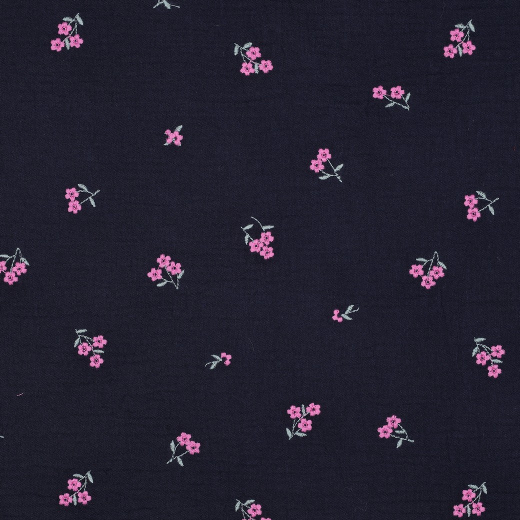 Double Gauze Embroidery Flowers-Pink Flowers on Navy