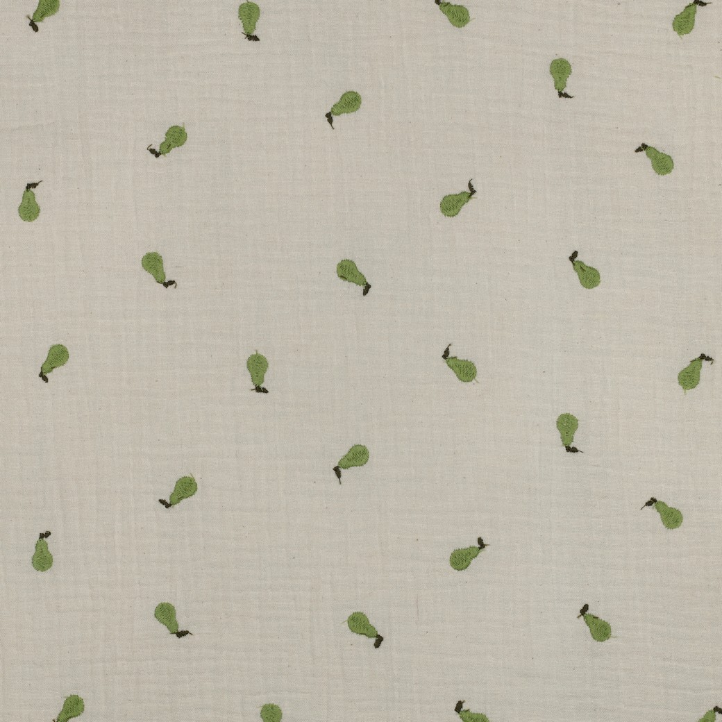 Double Gauze Embroidery-Green Pears on Natural