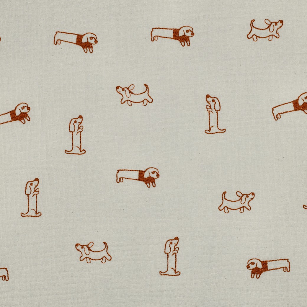 Double Gauze Embroidery-Tan Dogs on Cream