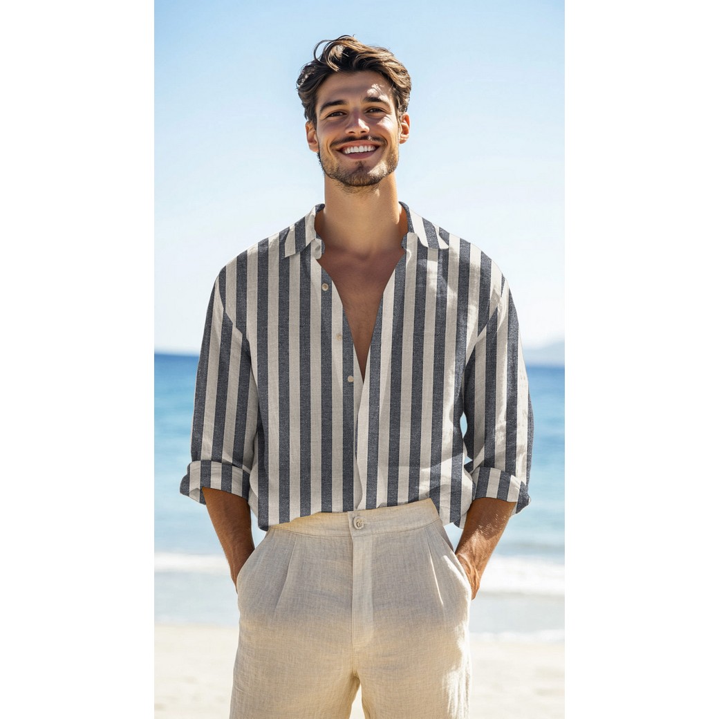  Viscose/Linen - Navy and Cream Stripe