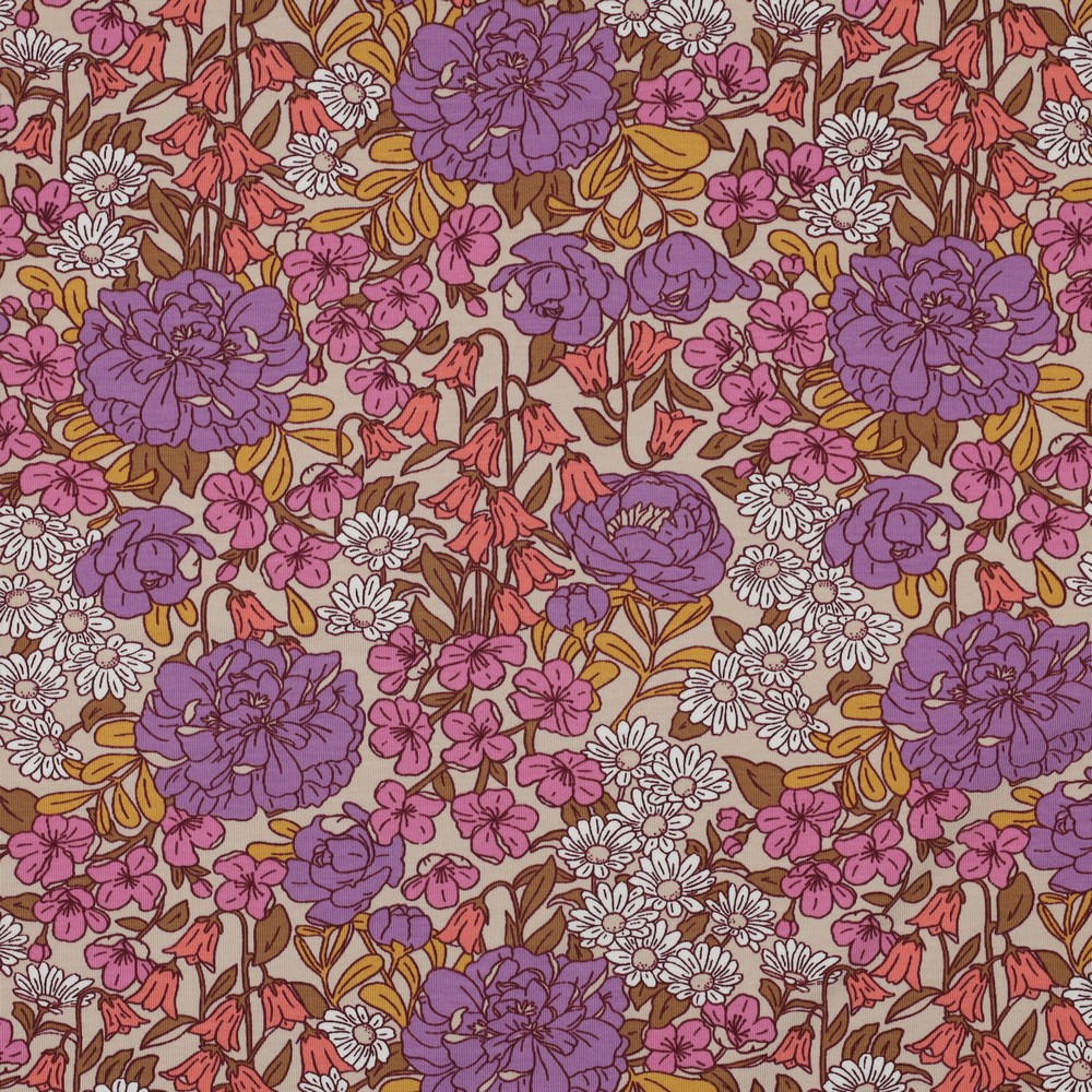 Beautiful Printed Cotton Jersey-Purple, Pink and White Flowers
